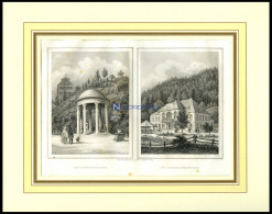 KARLSBAD: Der Theresienbrunn Und Der Freundschaftssaal, 2 Ansichten Auf Einem Blatt, Stahlstich Von Poppel, 1840 - Lithografieën