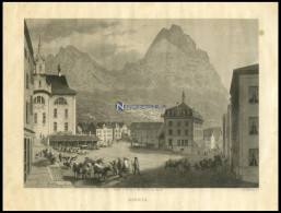 SCHWYZ, Gesamtansicht Mit Hübscher Tier U.-Personenstaffage Im Vordergrund, Stahlstich Von Huber Um 1840 - Litografía