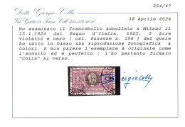 P3102 - ITALIA REGNO, 5 LIRE MANZONI, USATO IN PERIODO, MOLTO BEN CENTRATO CON CERTIFICATO DR. GIORGIO COLLA. - Usados