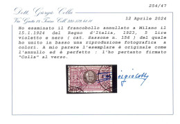 P3102 - ITALIA REGNO, 5 LIRE MANZONI, USATO IN PERIODO, MOLTO BEN CENTRATO CON CERTIFICATO DR. GIORGIO COLLA. - Oblitérés