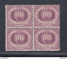 1877 San Marino, Catalogo Sassone N. 7, 40 Lilla Scuro - Blocco Di Quattro - Discreta Centratura - MNH** - Certificato O - Andere & Zonder Classificatie