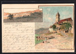Lithographie Dürnstein A. Donau, Strandpartie Mit Kirchturm  - Other & Unclassified