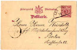 Württemberg 1886, Bahnstempel Leutkirch Auf 5 Pf. Ganzsache V. Gebrazhofen - Brieven En Documenten