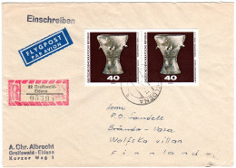 DDR 1970, MeF 2x40 Pf Tontrommel Auf Reko Brief V. Greifswald-Eldena N. Finnland - Storia Postale
