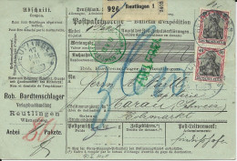 DR 1910, Paar 40 Pf. (90 I) Auf Firmen Paketkarte Reutlingen-Schweiz. #2954 - Covers & Documents