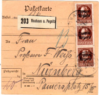 Bayern 1920, MeF 3x50 Pf. Freistaat Auf Paketkarte V. NEUHAUS A. Pegnitz - Brieven En Documenten