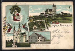 Lithographie Maria Dreieichen, Die Wallfahrtskirche, Gasthof V. Josefa Schmöger, Bründl, Ortsansicht  - Other & Unclassified