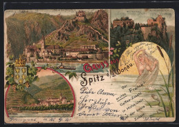 Lithographie Spitz A. D. D., Ortsansicht Mit Ruine Dürenstein, Ruine Aggstein, Wassernixe  - Autres & Non Classés