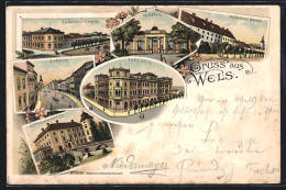 Lithographie Wels, Postgebäude, Stadtplatz, K. K. Cavallerie-Kaserne, Volkshalle  - Other & Unclassified