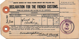 37156# DECLARATION FOR THE FRENCH CUSTOMS FOOD CLOTHING Obl SECANE PA PENNSYLVANIE 1947 DOUANE ALIMENT VETEMENT - Lettres & Documents
