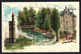 Lithographie Wels, Hotel Villa Haslinger, Volksgarten, Aussichtsturm Marienwarte  - Andere & Zonder Classificatie