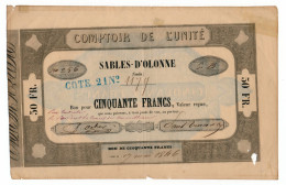 1846 // SABLES-D'OLONNE // COMPTOIR DE L'UNITE // Bon Pour Cinquante Francs - Notgeld