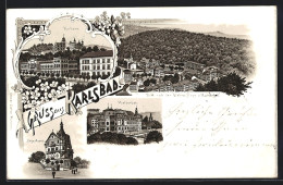 Lithographie Karlsbad, Kaiserbad, Jägerbad, Kurhaus, Teilansicht Mit Hotel Pupp  - Tsjechië