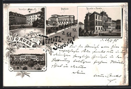 Lithographie Teplitz-Schönau, Kaiserbad Und Kursalon, Stadttheater, Herrenhaus, Neubad  - Tchéquie
