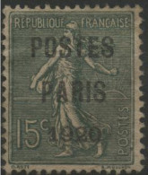 PREOBLITERE N° 25 Cote 130 € Signé J. F. BRUN "POSTES PARIS 1920" Sur 15 Ct Vert Sur Papier GC. - 1893-1947