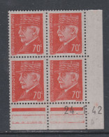 France N° 511 XX : Type Maréchal  Pétain :70 C. Orange En Bloc De 4 Coin Daté Du  24 . 1 . 42 ;  Sans Charnière, TB - 1940-1949