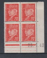 France N° 511 (.) : Type Mal  Pétain :70 C. Orange En Bloc De 4 Coin Daté Du  23 . 1 . 42 ; Neuf Sans Gomme Sinon TB - 1940-1949