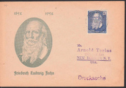 Weida 18.11.52 12 Pfg. Friedrich Ludwig Jahn, Turnvater, DDR 317 Als Drucksache Nach USA, Auf Schmuckbrief - Storia Postale