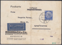 ⁕ Germany, Deutsches Reich 1941 Mannheim ⁕ Luftpost Airmail Postkarte - Agram - Cartas & Documentos