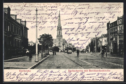 AK Karlsruhe, Strassenbahn Mit Durlachertor Und Bernharduskirche  - Strassenbahnen