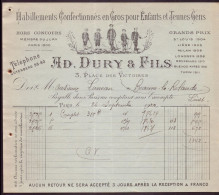 Facture " Dury & Fils " Habillements Pour Enfants, Paris, 1922 - 1900 – 1949