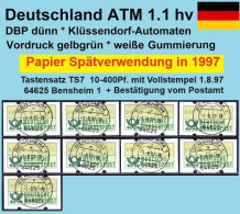 Deutschland Bund ATM 1.1 Hv Weißer Gummi / Spätverwendung 1997 / Satz TS7 Voll-O 1.8.97 Bensheim + Bestätigung - Machine Labels [ATM]