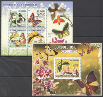 O0221 2008 S.Tome & Principe Butterflies & Orchids Fauna Kb+Bl Mnh - Butterflies