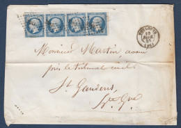 Napoléon - Bande De 4 Du 14A  Sur Enveloppe De Toulouse - Cote : 60 € - 1853-1860 Napoleon III