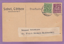 WERKZEUG- SPRENGLER- HOLZBEARBEITUNGSMASCHINEN, SOBEL. POSTKARTE AUS CÖTHEN NACH RICHTERSWIL,SCHWEIZ. - Cartas & Documentos