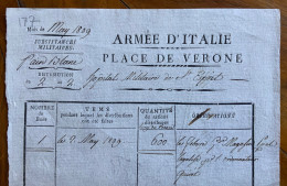 ARMEE D'ITALIE - PLACE DE VERONE  MAG 1809 - SUSSISTENZA MILITARE  OSPEDALE MILITARE DI S.SPIRITO ..600 PANNI DI LANA .. - Documents Historiques