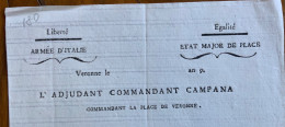 ARMEE D'ITALIE  - ETAT MAJOR DE PLACE  VERONNE An 9. - L'ADJUDANT COMMANDANT CAMPANA ...lettera Doppio Foglio Nuova - Historische Dokumente