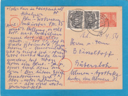GANZSACHE MIT ZUSATZFRANKATUR AUS BERLIN - FROHNAU NACH GÜTERSLOH,1954. - Postkarten - Gebraucht