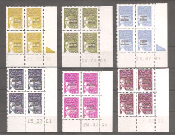 LUQUET RF 2003. Surchargés SPM. Y&T N° 800 à 805.  En Bloc X 4 Coins Datés Dont 2 Avec Repère BOPST. NEUFS. TTB. - Unused Stamps