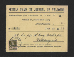1919 REMBOURSEMENT ► Feuille D'Avis Et Journal De Vallorbe" Von Vallorbe Nach Ballaigues - Storia Postale