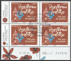 2024 - Y/T 5xxx - OBL 1ER JOUR - "JEUX FLORAUX DE TOULOUSE – 700 ANS DE POÉSIE" - COIN DATE BLOC 4 ISSU FEUILLET - Used Stamps