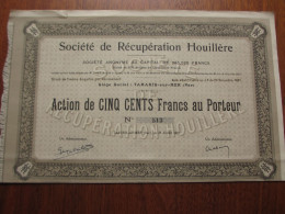FRANCE - 83 - VAR - TAMARIS-MER- 1921 , STE DE RECUPERATION HOUILLERE - ACTION DE 500 FRS - PEU COURANT - Autres & Non Classés