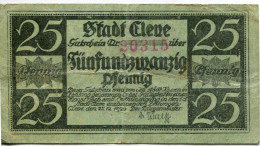 25 PFENNIG 1920 Stadt KLEVE Rhine DEUTSCHLAND Notgeld Papiergeld Banknote #PL813 - [11] Lokale Uitgaven