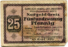25 PFENNIG 1920 Stadt GREIZ Reuss DEUTSCHLAND Notgeld Papiergeld Banknote #PL687 - [11] Lokale Uitgaven