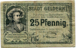 25 PFENNIG 1920 Stadt GELDERN Rhine DEUTSCHLAND Notgeld Papiergeld Banknote #PL872 - [11] Lokale Uitgaven