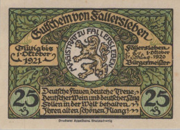 25 PFENNIG 1920 Stadt FALLERSLEBEN Hanover DEUTSCHLAND Notgeld Banknote #PD439 - [11] Lokale Uitgaven