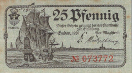 25 PFENNIG 1920 Stadt EMDEN Hanover UNC DEUTSCHLAND Notgeld Banknote #PI537 - [11] Lokale Uitgaven