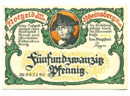 25 Pfennig RHEINSBERG DEUTSCHLAND UNC Notgeld Papiergeld Banknote #P10558 - Lokale Ausgaben