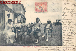 RARE CPA : DJIBOUTI " UNE SOIREE A DJIBOUTI " COLONS FRANCAIS COLONIE CAFE BAR RESTAURANT SOMALIS + CACHET PAQUEBOT - Gibuti