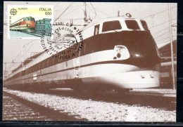 ITALIA REPUBBLICA ITALY REPUBLIC 1988 EUROPA CEPT MEZZI DI TRASPORTO TRAIN LIRE 650 CARTOLINA MAXI MAXIMUM CARD - Cartas Máxima