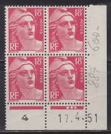 Type Marianne De Gandon 18f Rose Carminé Coin De Feuille Daté 17.4.51 Et Précédé Du Numéro 4  N°887 - 1950-1959