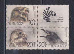 URSS 1990-Birds-Zoo Relief Fund Block Of 3+ 1 Label - Ungebraucht