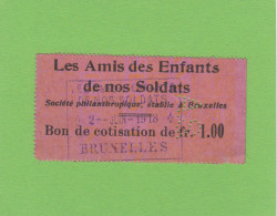 LES AMIS DES ENFANTS DE NOS SOLDATS, BON DE COTISATION,BRUXELLES 1918. - 1900 – 1949