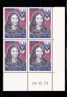 MONACO 1972 Blaise Pascal  Bloc De 4 Coin Daté  19.10.72  ** - Autres & Non Classés