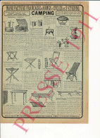 Publicité 1911 Matériel Camping Réchaud à Pétrole Alcool Tables Sièges Lit Pliant Fauteuil - Publicités