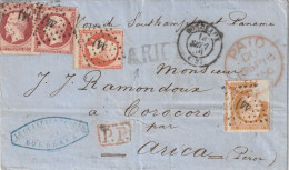 Lettre De Bordeaux Pour Arica (Pérou). Tad Bordeaux Du 14 Sept 1856. Par Voie De Southampton Et Panama. - 1853-1860 Napoléon III